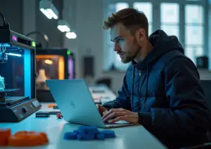 Небольшая мастерская 3D‑печати в России: принтеры, напечатанные образцы и предприниматель с ноутбуком