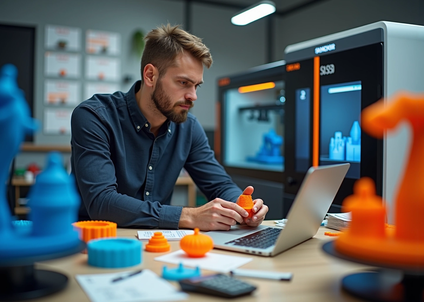 Интерьер небольшой мастерской 3D‑печати: принтеры FDM и SLA, оператор за ноутбуком с CAD, распечатанные детали на столе, калькулятор и документы бюджета