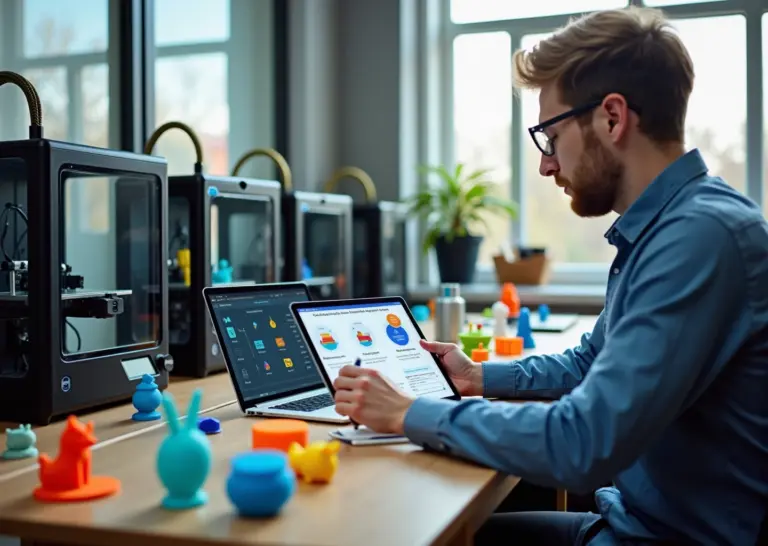 Небольшая мастерская 3D‑печати с принтерами, распечатанными деталями и предпринимателем с документами ИП и ООО на столе