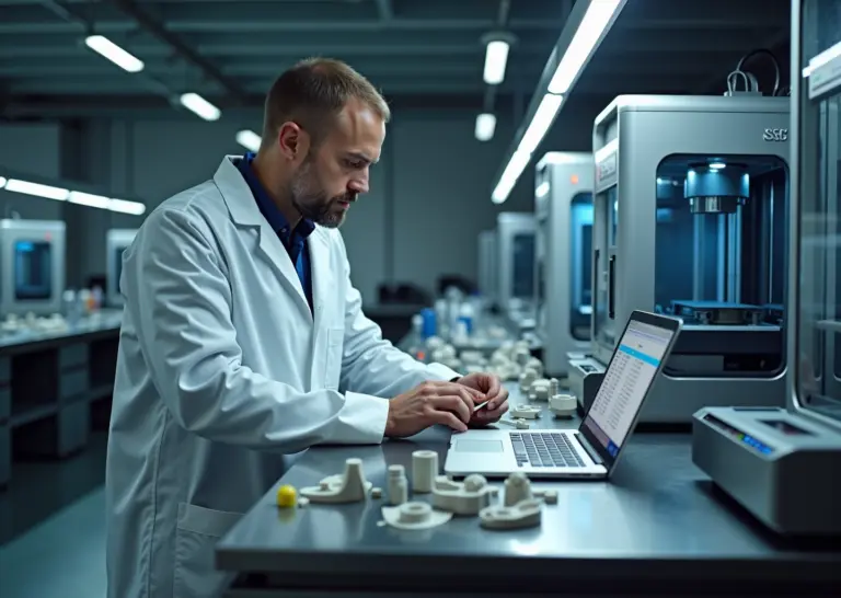 Интерьер студии 3D‑печати с принтерами, напечатанными деталями и ноутбуком с финансовыми расчетами