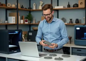 Современная мастерская малого бизнеса с несколькими 3D‑принтерами и напечатанными деталями, предприниматель проверяет качество изделий