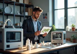 Мастерская 3D‑печати: принтеры, разнообразные отпечатанные изделия и предприниматель с планшетом на фоне графика роста и карты России