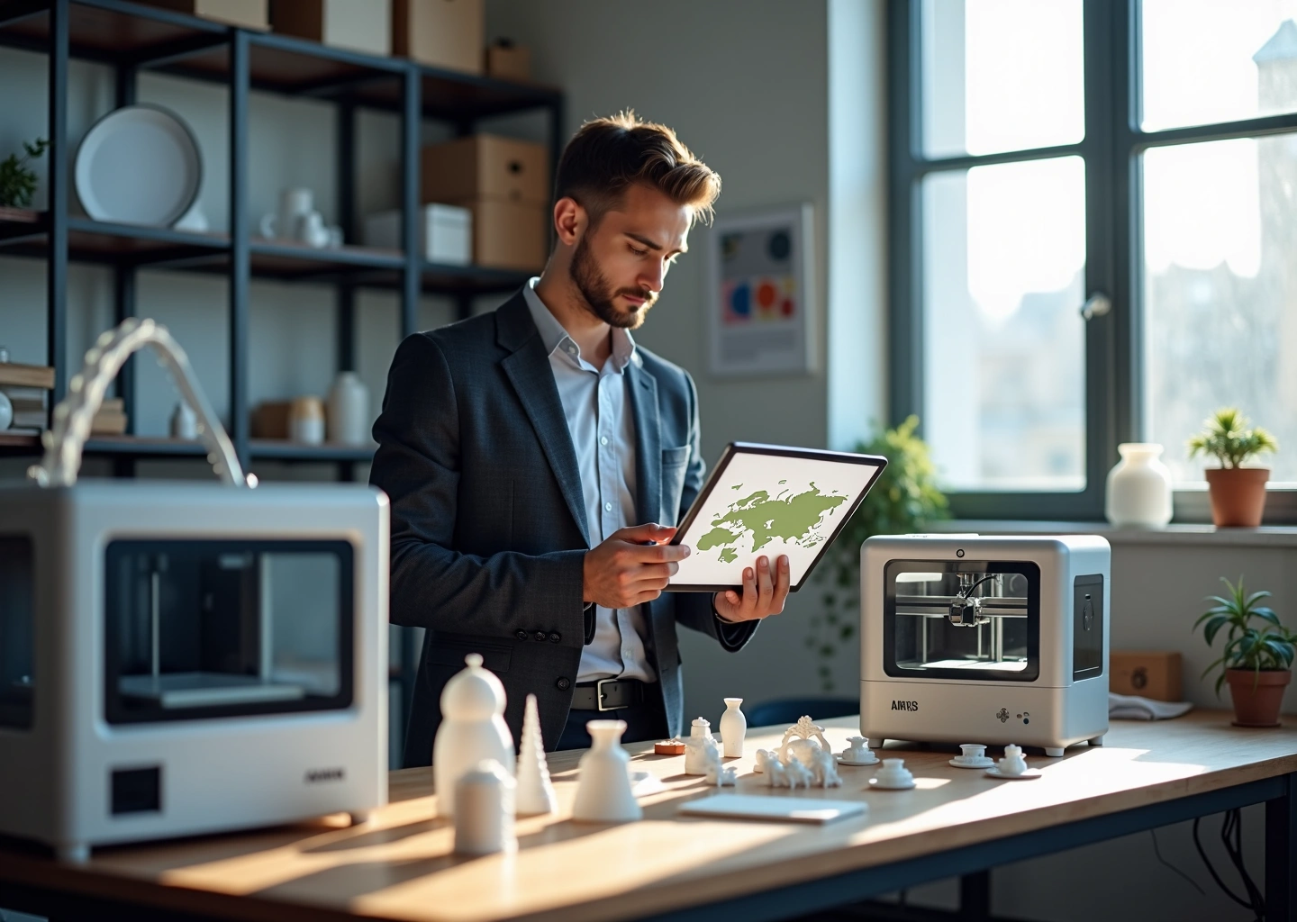 Мастерская 3D‑печати: принтеры, разнообразные отпечатанные изделия и предприниматель с планшетом на фоне графика роста и карты России