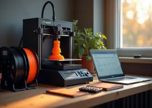 Фотореалистичное изображение мастерской с настольным 3D‑принтером, катушками филамента и ноутбуком на столе с открытым расчётом стоимости на экране