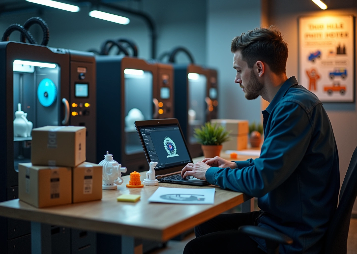 Мастерская с 3D‑принтерами, оператор за ноутбуком и готовые изделия на столе; упаковка и этикетки для отправки в России