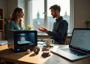 Компактная мастерская с 3D принтером, напечатанными деталями, портфолио на ноутбуке и предпринимателем, обсуждающим заказ с клиентом