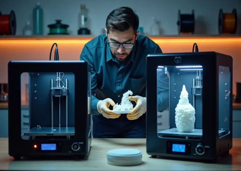 Мастерская малого 3D‑бизнеса с FDM и SLA принтерами, оператор держит готовую деталь, инструменты постобработки на столе