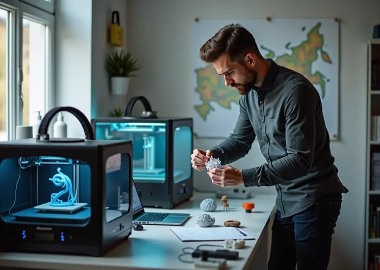 Владелец небольшой мастерской по 3D‑печати у принтера и на столе напечатанные детали, ноутбук с чертежом и полки с материалами
