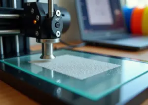 Рабочее место малого 3D‑бизнеса с принтерами, крупный план идеального первого слоя на стекле и инструменты для калибровки Z‑offset