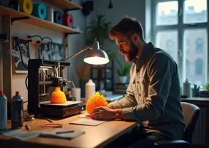 Рабочая мастерская малого бизнеса с FDM 3D принтером, катушки филамента и обработанный на верстаке напечатанный элемент