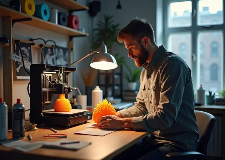 Рабочая мастерская малого бизнеса с FDM 3D принтером, катушки филамента и обработанный на верстаке напечатанный элемент