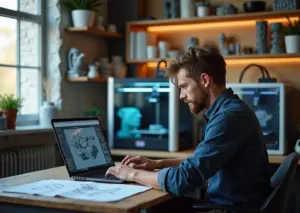 Мастерская малого бизнеса на 3D‑принтерах: ноутбук с CAD‑интерфейсом, рабочие 3D‑принтеры и готовые прототипы на полке