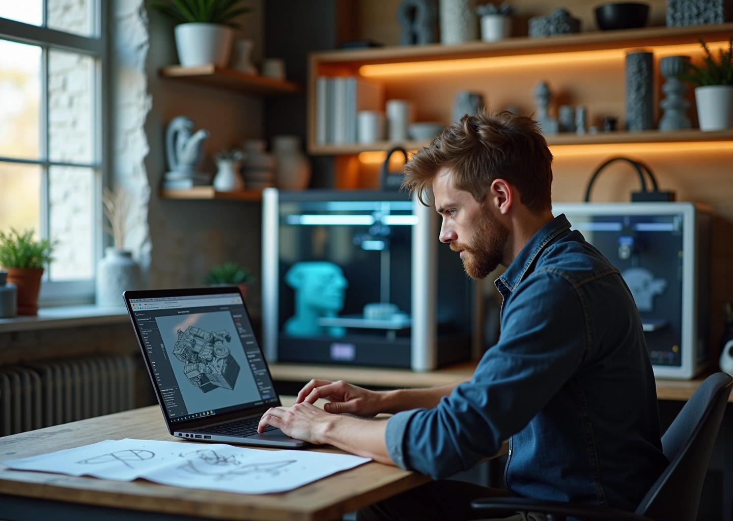 Мастерская малого бизнеса на 3D‑принтерах: ноутбук с CAD‑интерфейсом, рабочие 3D‑принтеры и готовые прототипы на полке