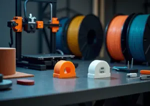 Рабочая станция 3D‑мастерской с напечатанными ABS и PETG деталями, катушками филамента и инструментами для постобработки