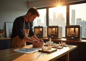 Мастерская с 3D‑принтерами и готовыми сувенирами на столе, предприниматель упаковывает заказ