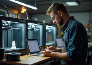 Верстак малого 3D‑производства: принтеры, брак с отделяющимися слоями, артефакты воблинга, оператор с засорённым соплом и инструментами в мастерской