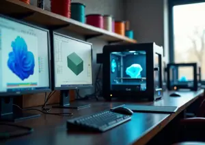 Три монитора с интерфейсами Cura, PrusaSlicer и Simplify3D в небольшом российском 3D‑цехе, рядом принтеры и катушки филамента