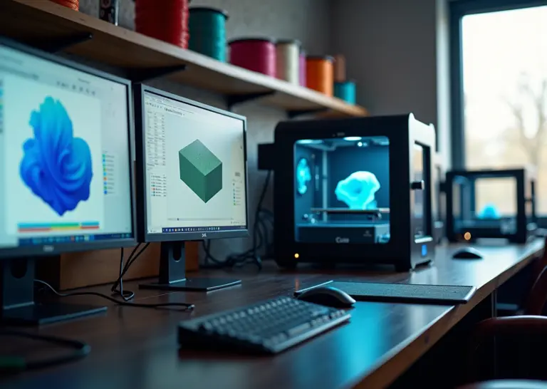 Три монитора с интерфейсами Cura, PrusaSlicer и Simplify3D в небольшом российском 3D‑цехе, рядом принтеры и катушки филамента