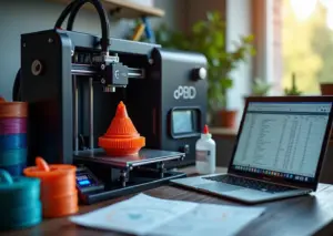 Небольшая мастерская 3D‑печати: FDM‑принтер в работе, SLA‑станция, катушки PLA и бутылки смолы, энергомер и экран ноутбука с расчётом себестоимости.