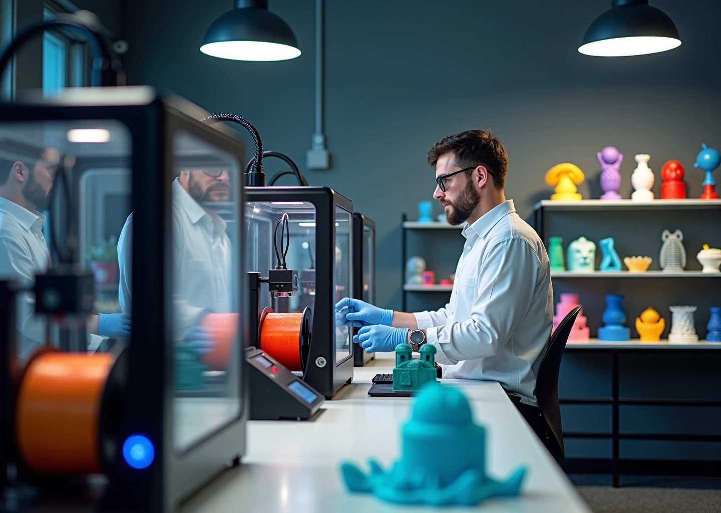 Мастерская малого бизнеса с несколькими работающими FDM‑принтерами, образцами изделий и катушками филамента на столе