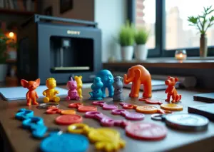 Рабочее место малого бизнеса по 3D‑печати сувениров: принтеры, готовые брелоки и статуэтки, инструменты для постобработки и упаковка