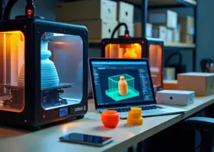 Мастерская с фермой 3D‑принтеров, готовыми деталями и упаковкой для продажи