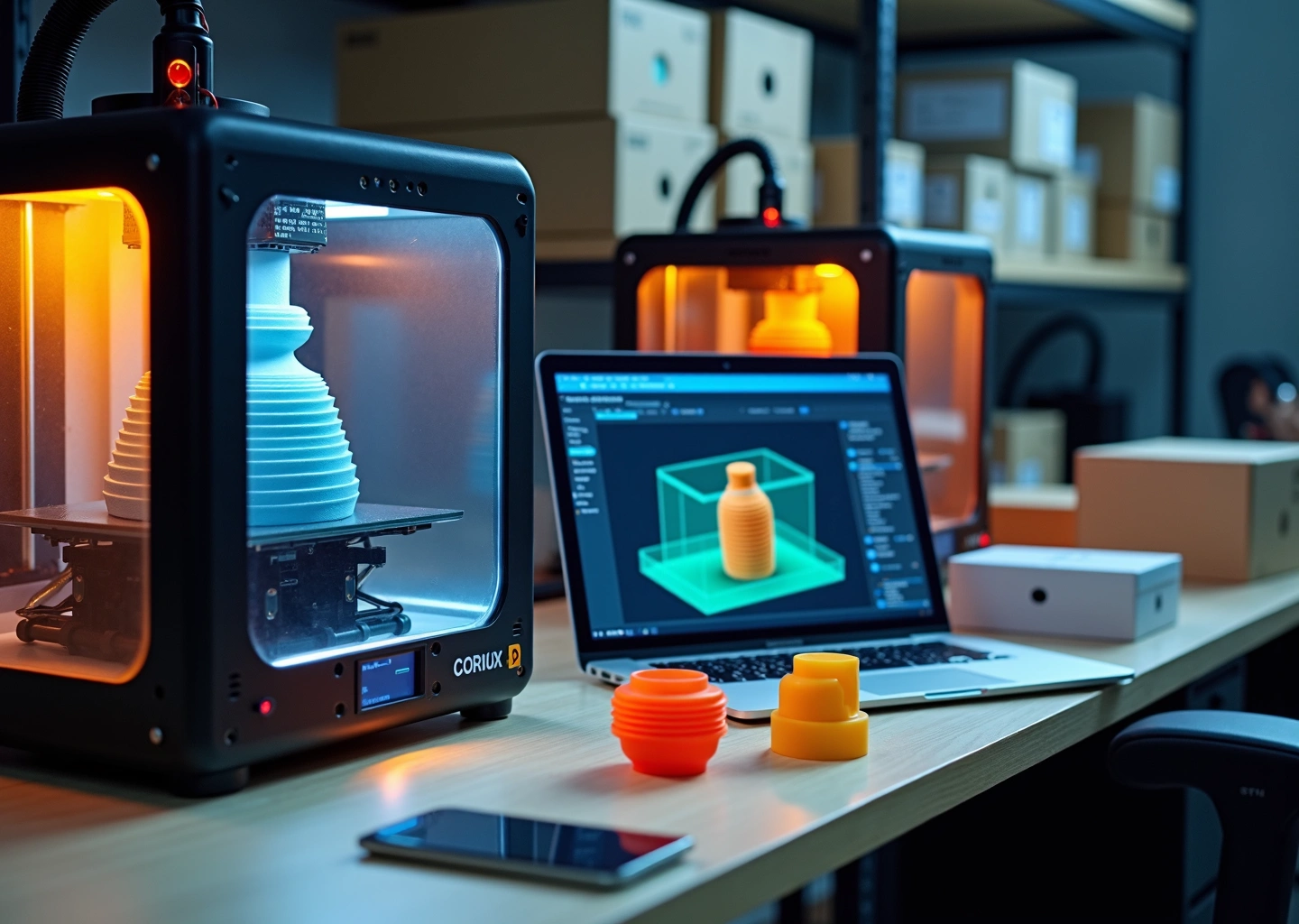 Мастерская с фермой 3D‑принтеров, готовыми деталями и упаковкой для продажи