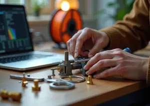 Техник ремонтирует FDM 3D‑принтер на рабочем столе с инструментами и запасными соплами