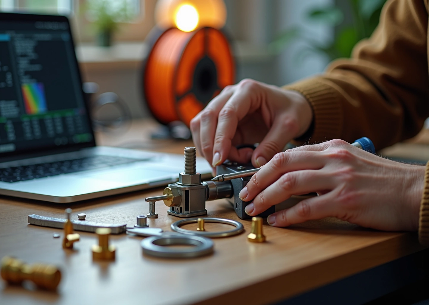 Техник ремонтирует FDM 3D‑принтер на рабочем столе с инструментами и запасными соплами