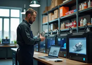 Фотография современной малой мастерской 3D‑печати с разными принтерами, напечатанными деталями и ноутбуком с CAD в рабочей атмосфере