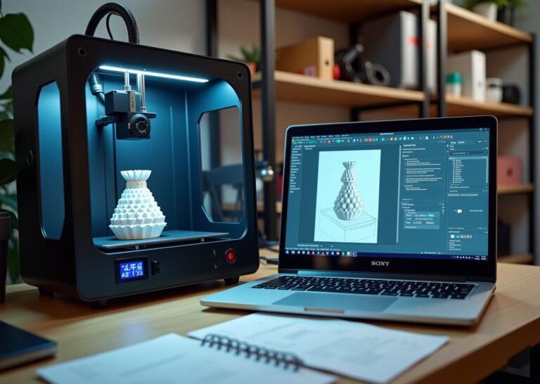 Рабочее место предпринимателя: 3D‑принтер печатает модель, рядом ноутбук с лицензией на экране и папка «Лицензии»