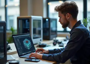 Оператор 3D‑печати на ноутбуке с открытым слайсером, работающие FDM‑принтеры и напечатанные детали в мастерской