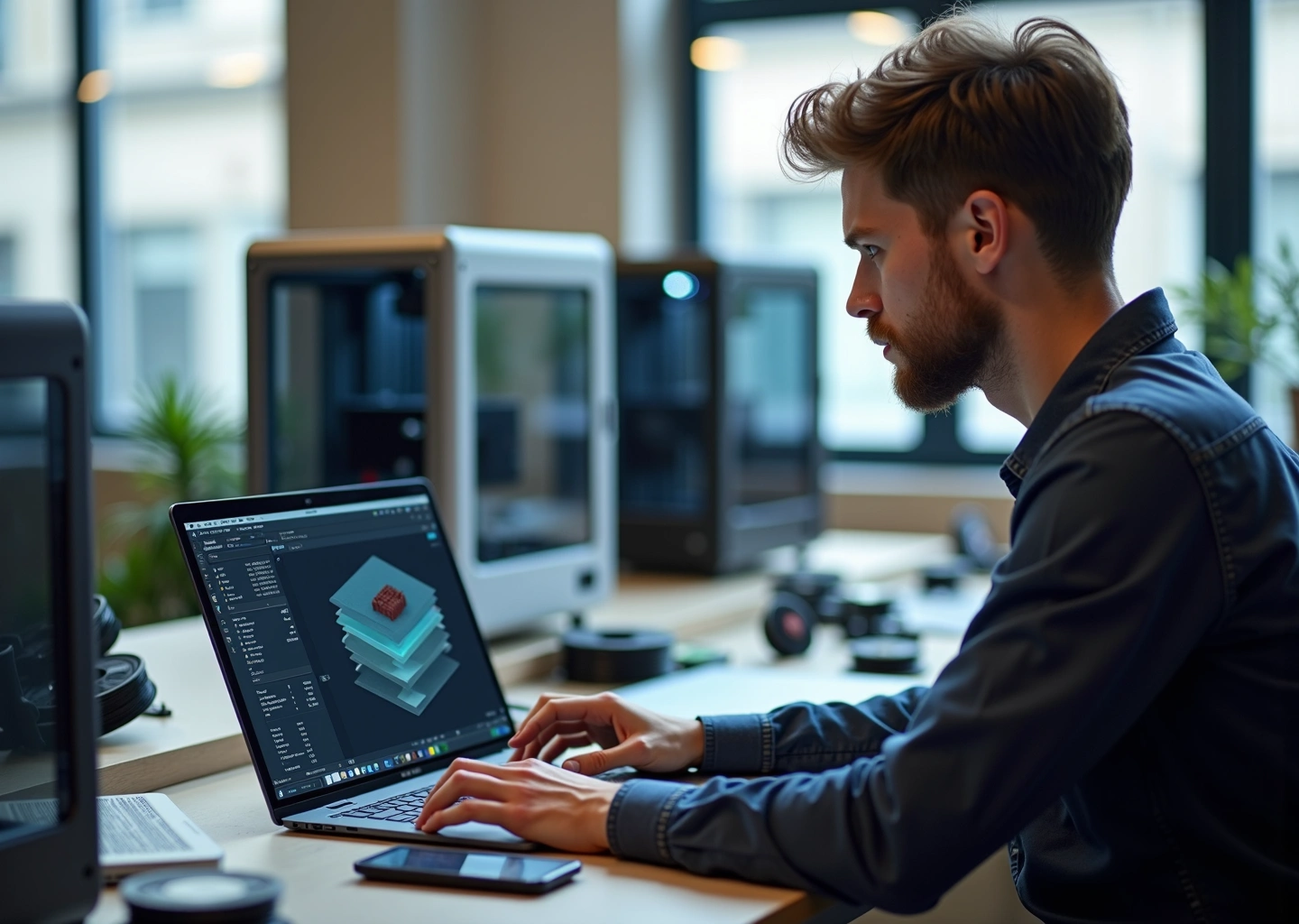 Оператор 3D‑печати на ноутбуке с открытым слайсером, работающие FDM‑принтеры и напечатанные детали в мастерской