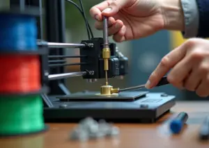 Руки заменяют сопло 3D‑принтера на рабочем столе с запасными соплами и катушками пластика