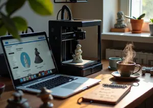 Рабочая обложка: ноутбук с карточкой 3D‑модели, рядом 3D‑принтер и напечатанные объекты на столе