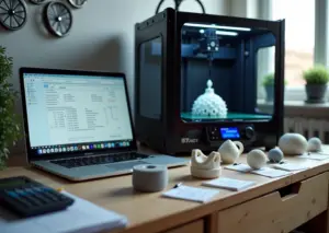 Рабочая мастерская малого бизнеса на 3D‑принтерах: принтер, напечатанные детали, ноутбук с расчётами и ценниками на столе.