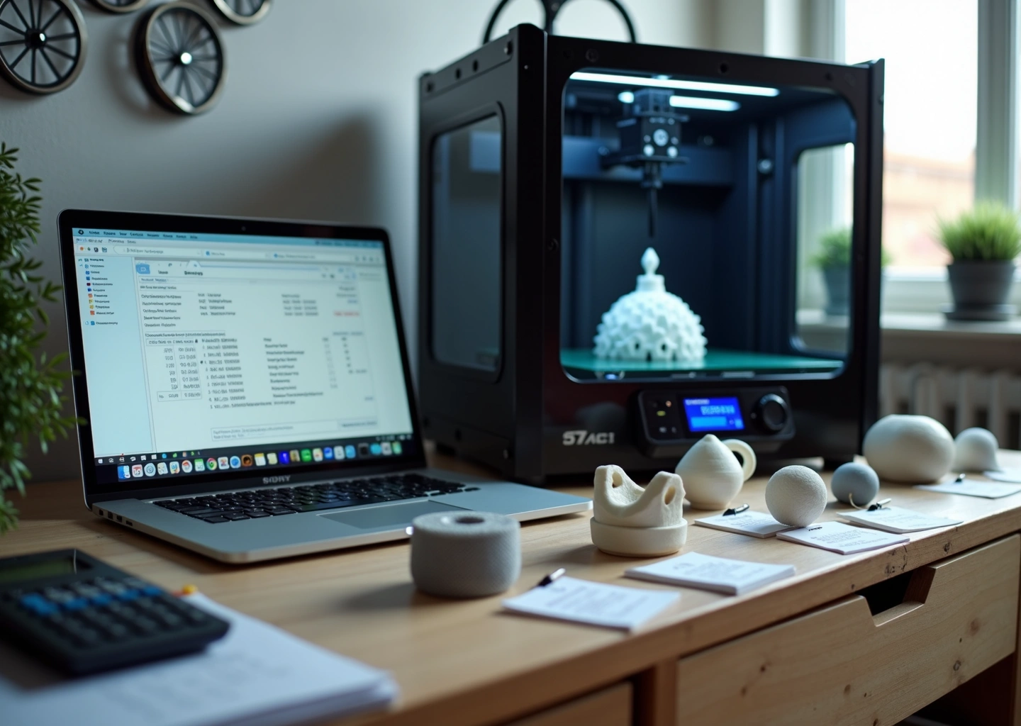 Рабочая мастерская малого бизнеса на 3D‑принтерах: принтер, напечатанные детали, ноутбук с расчётами и ценниками на столе.