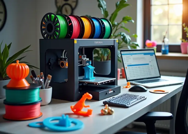 Рабочий стол малого бизнеса: 3D‑принтер печатает, рядом катушки PLA разных брендов и напечатанные образцы, ноутбук с расчётами себестоимости