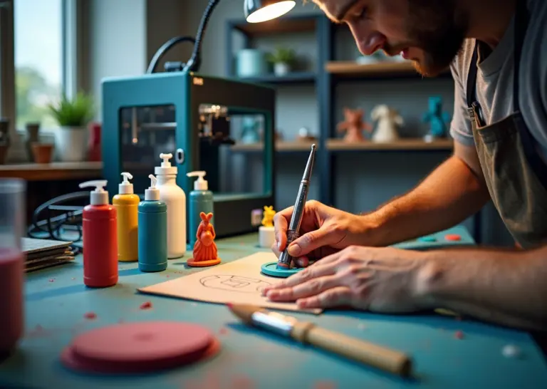 Мастер шлифует и красит 3D‑сувенир в мини‑мастерской: на столе аэрограф, грунт и лаки, в фоне 3D‑принтер и готовые изделия