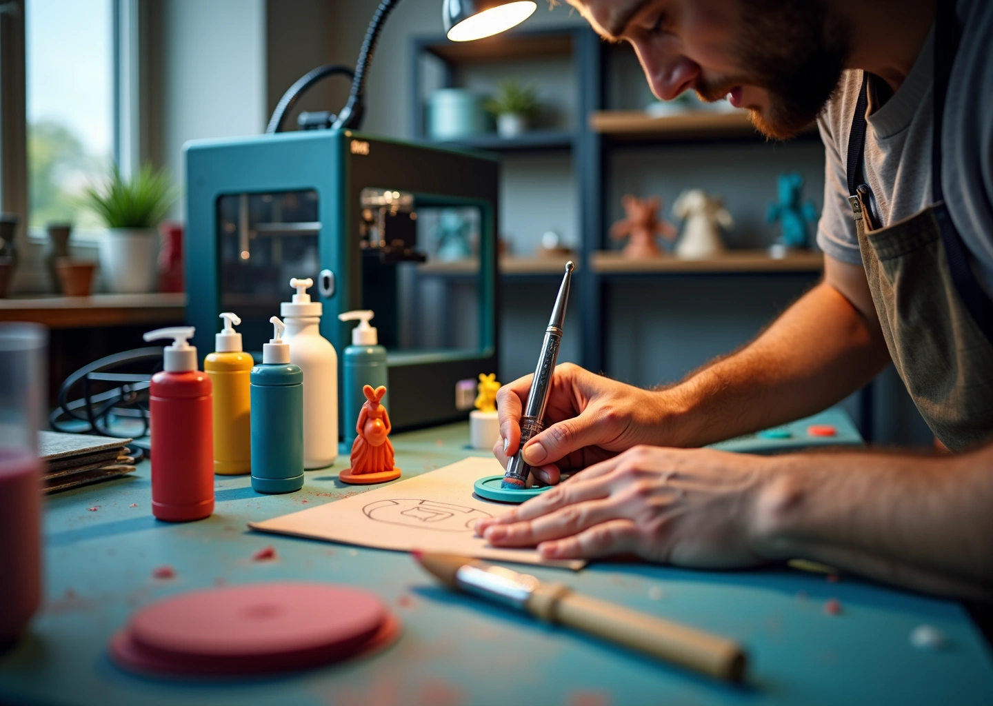 Мастер шлифует и красит 3D‑сувенир в мини‑мастерской: на столе аэрограф, грунт и лаки, в фоне 3D‑принтер и готовые изделия