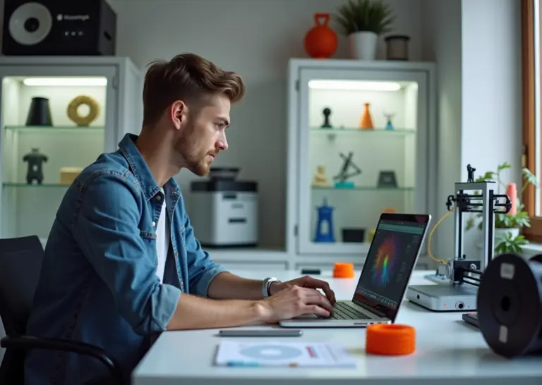 Малый 3D‑бизнес в мастерской: принтер, напечатанные изделия, владелец за ноутбуком с графиками и витриной готовых товаров