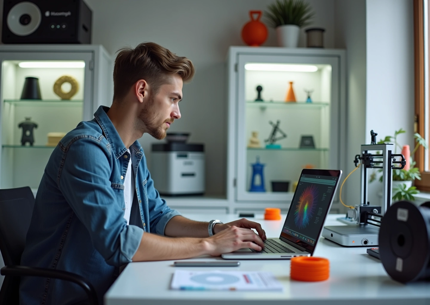 Малый 3D‑бизнес в мастерской: принтер, напечатанные изделия, владелец за ноутбуком с графиками и витриной готовых товаров