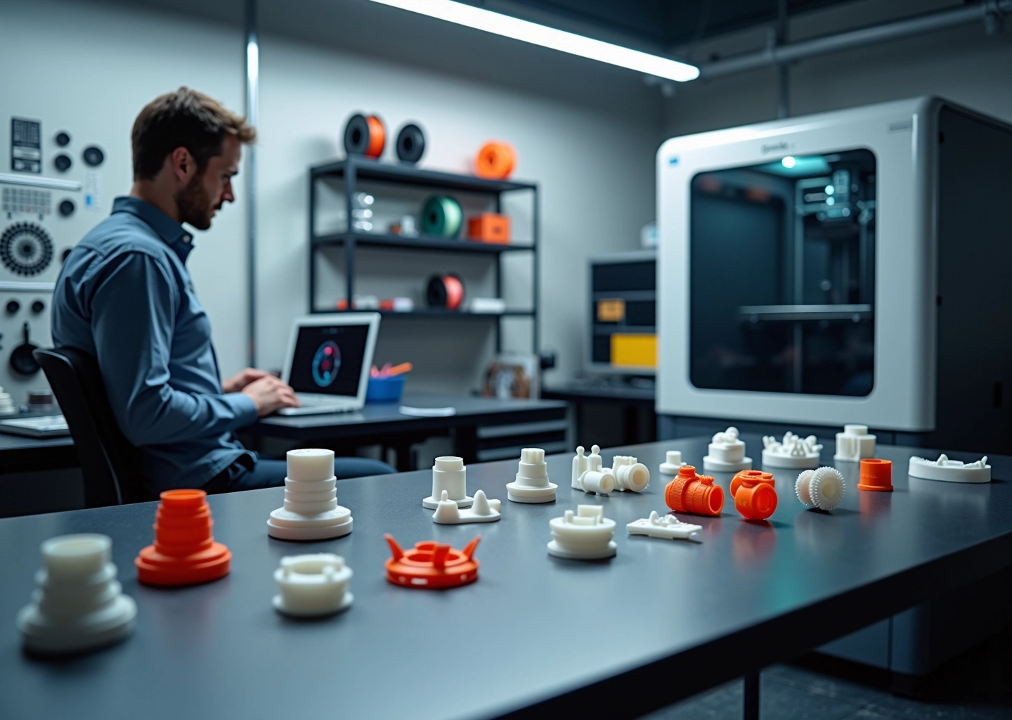 Мастер у ноутбука и работающий 3D‑принтер в небольшом цехе по производству автозапчастей, напечатанные кронштейны и накладки на столе