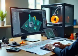 Рабочий стол 3D‑дизайнера с компьютером, 3D‑принтером, распечатанными прототипами и сметой на оплату услуг