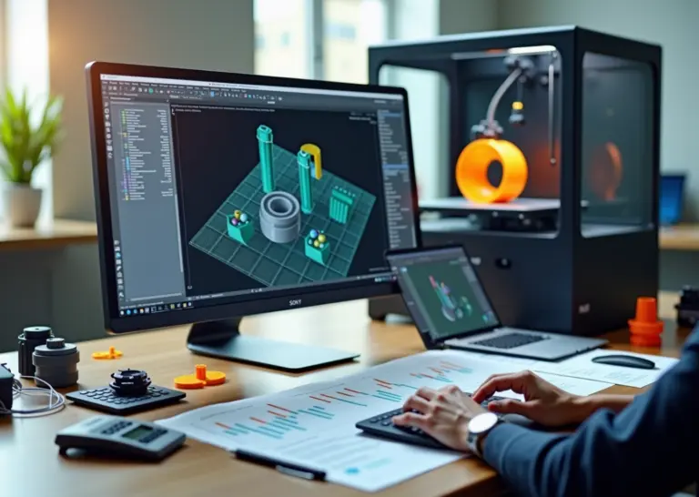 Рабочий стол 3D‑дизайнера с компьютером, 3D‑принтером, распечатанными прототипами и сметой на оплату услуг