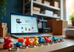 Рабочий стол малого бизнеса: 3D‑печатные сувениры, ноутбук с панелью продавца маркетплейса, упаковка и 3D‑принтер на заднем плане