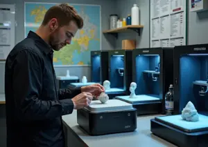 Мастерская 3D‑печати с SLA DLP LCD принтерами предприниматель рассматривает напечатанные изделия на столе