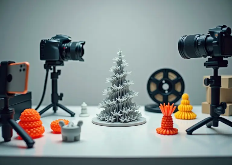 Рабочий стол 3D‑печатника с напечатанными моделями, камерой на штативе и инструментами для постобработки