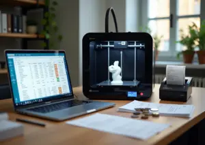 Рабочий стол малого бизнеса на 3D‑принтере с принтером, ноутбуком и налоговыми документами, монетами и кассой