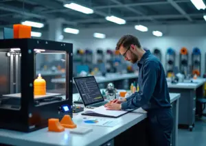 Техник устанавливает хотэнд на 3D‑принтер в мастерской с несколькими принтерами, катушками филамента и оборудованием для постобработки